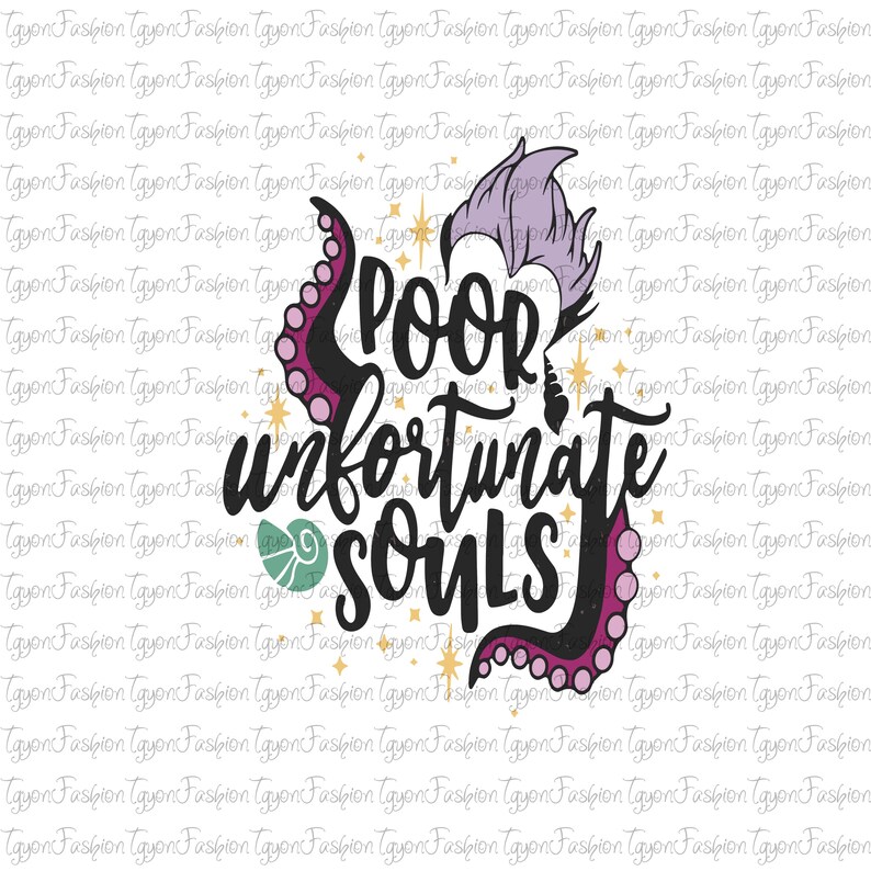 May include: A graphic design featuring the text "Poor Unfortunate Souls" in a whimsical font, accompanied by illustrations of tentacles and a seashell. The design incorporates shades of black, purple, and teal, with star accents.