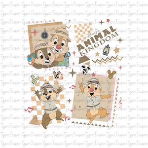 May include: A whimsical illustration featuring Chip and Dale in safari attire, with the text "ANIMAL KINGDOM." The design includes balloons, stars, and musical notes, all set against a patterned background.