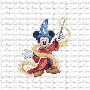 May include: A cartoon illustration of Mickey Mouse dressed as a sorcerer, wearing a blue hat with stars and a red robe. He holds a wand, conjuring golden magic swirls. The background is white with a repeating pattern of the words "Tgyon Fashion".