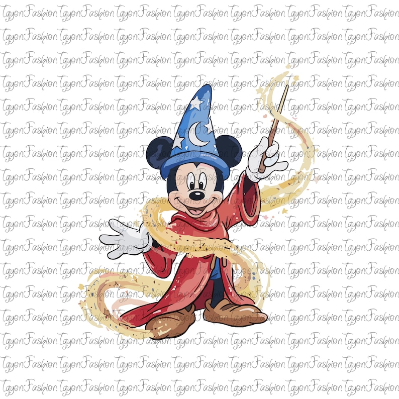May include: A cartoon illustration of Mickey Mouse dressed as a sorcerer, wearing a blue hat with stars and a red robe. He holds a wand, conjuring golden magic swirls. The background is white with a repeating pattern of the words "Tgyon Fashion".