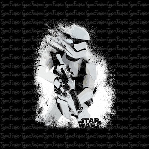 May include: A monochrome graphic of a Star Wars Stormtrooper with a blaster, set against a black background. The image has a distressed, artistic style with white paint splatter effects. The Star Wars logo is at the bottom.