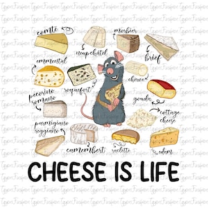 May include: A whimsical illustration featuring a cartoon rat holding cheese, surrounded by various cheese types like Gouda, Brie, and Camembert. The phrase "CHEESE IS LIFE" is written in bold letters at the bottom.