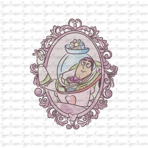 May include: A digital illustration of Buzz Lightyear from Toy Story, framed within a decorative oval border. The artwork features a soft color palette of pinks, greens, and blues. Buzz is depicted in his space suit, with the words "SPACE RANGER LIGHTYEAR" visible.