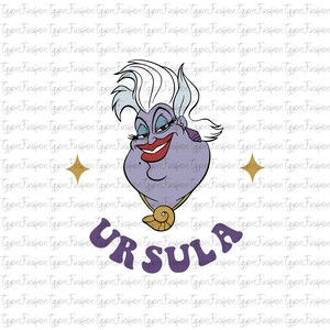 Pu&ograve; includere: Un'illustrazione di cartone animato viola di Ursula, una strega del mare del film Disney La Sirenetta. Ha lunghi capelli bianchi, un corpo grande viola e un sorriso malizioso. Il testo "URSULA" &egrave; scritto in lettere viola sotto di lei.