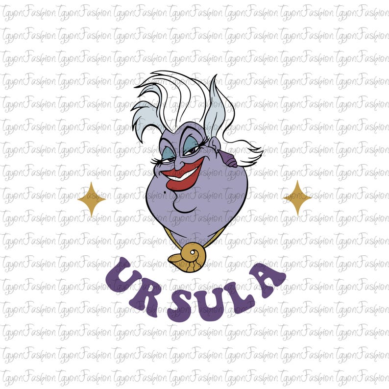 Pu&ograve; includere: Un'illustrazione di cartone animato viola di Ursula, una strega del mare del film Disney La Sirenetta. Ha lunghi capelli bianchi, un corpo grande viola e un sorriso malizioso. Il testo "URSULA" &egrave; scritto in lettere viola sotto di lei.