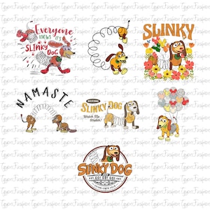 Puede incluir: Una colección de ilustraciones de Slinky Dog en varias poses. Algunos diseños presentan texto como "Everyone Knows It's Slinky Dog" y "Namaste". Otras imágenes muestran a Slinky Dog con globos y flores. Los diseños son en tonos marrones, rojos y amarillos.