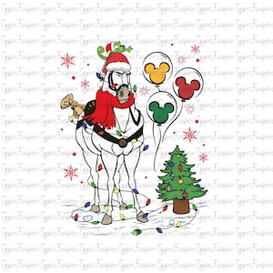 May include: A whimsical Christmas-themed illustration featuring a white horse adorned with a Santa hat, red scarf, and string lights. It holds Mickey Mouse-shaped balloons and stands near a decorated Christmas tree. Snowflakes add to the festive scene.