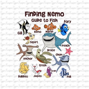 Może przedstawiać: Kolorowy przewodnik po postaciach ryb z filmu „Gdzie jest Nemo?”. Przewodnik zawiera ilustracje postaci, w tym Dory, Nemo, Marlina, Gilla, Squirt, Bruce'a, Chuma, Anchora, Crusha, Jacquesa, Gurgle'a i Deb.