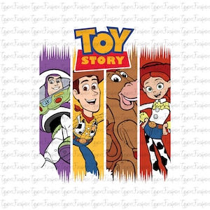 Könnte beinhalten: Ein farbenfrohes Grafikdesign mit Charakteren aus dem Animationsfilm "Toy Story". Das Bild zeigt Buzz Lightyear, Woody, ein Pferd und Jessie, mit dem "Toy Story"-Logo oben. Der Hintergrund ist ein sich wiederholendes Muster.
