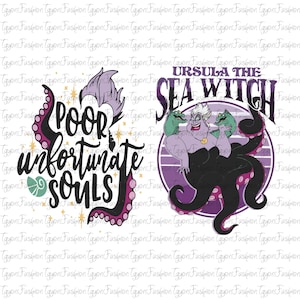 May include: A graphic featuring Ursula the Sea Witch from The Little Mermaid. The image includes the text "Poor Unfortunate Souls" with a purple octopus tentacle design. Ursula is depicted in a purple circle with the text "Ursula the Sea Witch".