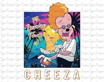 Op de afbeelding: Een cartoon illustratie met een personage met oranje haar, een bril en een spuitbus. De afbeelding bevat de tekst "The Leaning Tower of CHEEZA" met een tropische achtergrond van palmbomen en een zonsondergang.