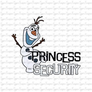 以下が含まれることがあります： 「アナと雪の女王」の雪だるま、オラフの漫画イラスト。太字で「PRINCESS SECURITY」の文字。オラフは白く、人参の鼻、黒い目、棒の腕をしています。