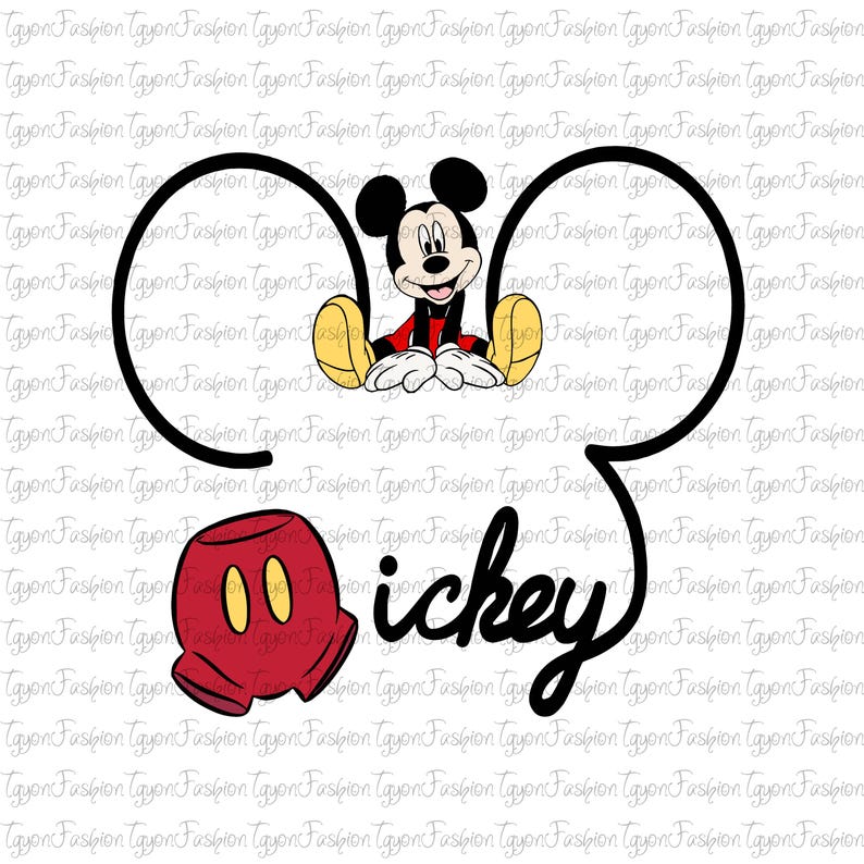 May include: Black and white outline of Mickey Mouse's head with Mickey Mouse sitting inside the outline. Mickey Mouse is wearing red shorts with yellow shoes and is smiling. The text "Mickey" is written in black cursive below the outline.