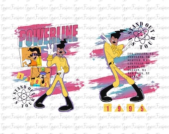 May include: Graphic featuring the character Powerline from the movie A Goofy Movie. The image includes the text "POWERLINE" and "STAND OUT TOUR" with a list of tour cities. The character is in a yellow outfit.