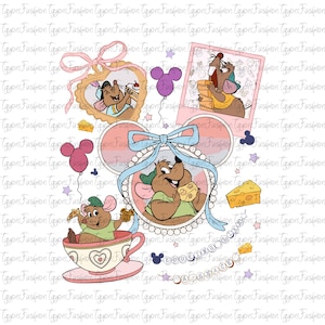 Puede incluir: Una ilustración caprichosa con ratones de dibujos animados en varias escenas. Un ratón está en una taza de té, otro sostiene queso y otros están enmarcados con lazos y globos. También está presente el texto "DOOKING SNACK".