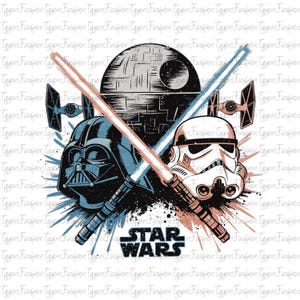May include: A graphic featuring Darth Vader and a Stormtrooper with crossed lightsabers, set against a Death Star background. The Star Wars logo is centered below. The design uses blue, black, and red hues.
