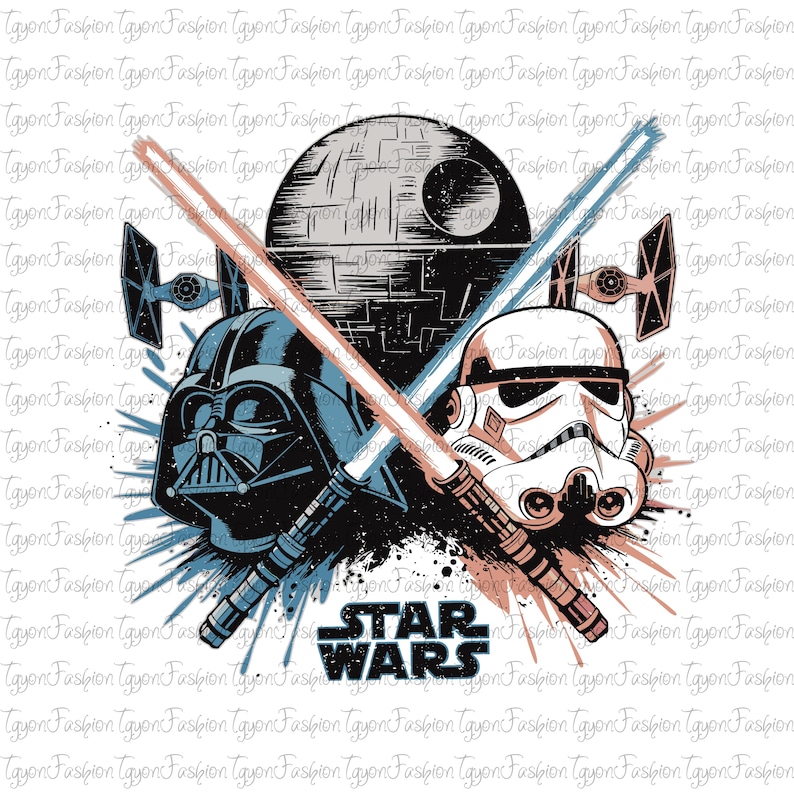 May include: A graphic featuring Darth Vader and a Stormtrooper with crossed lightsabers, set against a Death Star background. The Star Wars logo is centered below. The design uses blue, black, and red hues.