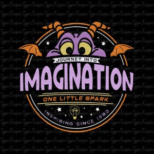May include: A purple dragon with orange wings and horns peeks out from behind a black and orange circle. The circle has the text "Journey into Imagination" in purple letters, "One Little Spark" in orange letters, and "Inspiring Since 1983" in orange letters.