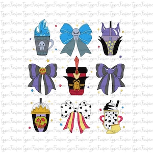 May include: A collection of cartoon-style illustrations featuring various beverage cups and bows. The cups include designs with flames, skulls, and other themed elements. The bows have unique patterns and colors, including polka dots and stripes.