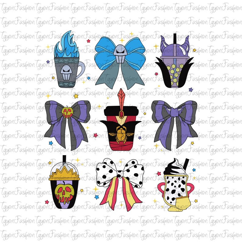 May include: A collection of cartoon-style illustrations featuring various beverage cups and bows. The cups include designs with flames, skulls, and other themed elements. The bows have unique patterns and colors, including polka dots and stripes.