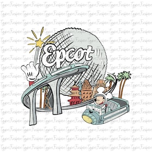 May include: A cartoon illustration featuring the word "Epcot" in a stylized font, with a futuristic monorail and a character in a space suit. The image includes iconic landmarks and a pointing Mickey Mouse hand.