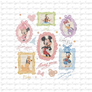 May include: A collection of framed Disney character portraits, including Mickey Mouse, Minnie Mouse, Donald Duck, Daisy Duck, Goofy, and Pluto. Each character is in a decorative oval frame with a bow. The words "Mickey Mouse", "Minnie Mouse", and character names are written in cursive.