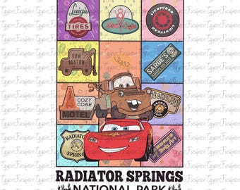 May include: A colorful illustration of Radiator Springs National Park from the Disney Pixar movie Cars. The illustration features a grid of various buildings and landmarks from the town, including Luigi's Tires, Cozy Cone Motel, and Sarge's Surplus Hut. The characters Lightning McQueen and Mater are in the center of the illustration.