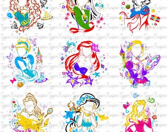 Disney Princess Characters Watercolor Png, Disney Princess Group Png, Disney Princess Aurora Tiana Rapunzel Png, Disney Magic Kingdom Png