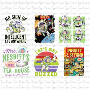 May include: A set of five digital images featuring Buzz Lightyear from the Toy Story franchise. The images include a comic book cover, a retro-style graphic, and three different poses of Buzz Lightyear.