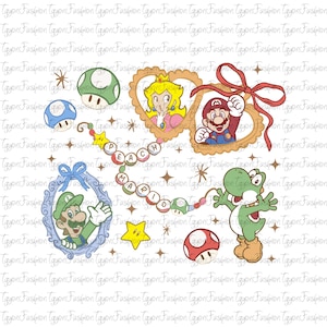 Puede incluir: Una colección de ilustraciones de personajes de dibujos animados, incluyendo a Mario, Luigi, la Princesa Peach y Yoshi, en marcos decorativos. La palabra "PEACH MARIO" está escrita con cuentas de colores. Elementos adicionales incluyen estrellas y champiñones.