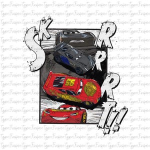Puede incluir: Una ilustración de estilo cómic de coches de carreras rojos y negros. El coche rojo está en primer plano y tiene el número 95 en el lateral. El coche negro está en el fondo y tiene el número 56 en el lateral. El texto "SKRRRT!" está en el fondo.