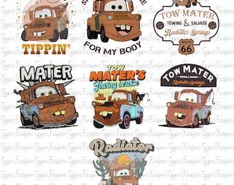 May include: Six different designs featuring the character Mater from the Disney Pixar movie Cars. The designs include Mater's tow truck, the text "Tow Mater's Towing Service", "Tow Mater Radiator Springs", "Mater", "Tractor Tippin'" and "She Just Wants Me For My Body".