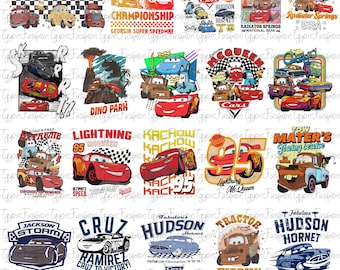 May include: A collection of 16 colorful cartoon images featuring the characters from the Disney Pixar Cars movie franchise. The images include Lightning McQueen, Mater, Cruz Ramirez, Jackson Storm, and more. The images are set against a white background and feature various text elements, including the names of the characters, the movie title, and the names of the locations.