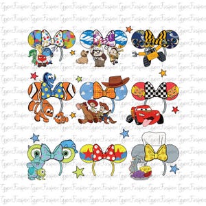 May include: A collection of themed mouse ear headbands featuring various animated characters. Designs include Inside Out, Up, Finding Nemo, Toy Story, Cars, Monsters, Inc., and Ratatouille. Each headband has a unique bow and ear design.