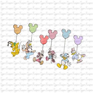 May include: A colorful illustration featuring Disney characters Pluto, Goofy, Mickey Mouse, Minnie Mouse, Donald Duck, and Daisy Duck. Each character is holding a Mickey Mouse-shaped balloon in various colors, creating a cheerful and playful design.