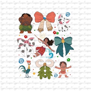 May include: A selection of vibrant cartoon illustrations featuring characters and decorative elements from a popular animated film. Includes characters such as Maui, Moana, Pua, and Hei Hei, along with bows and floral accents.