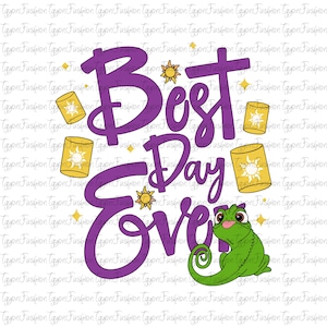 May include: A graphic design featuring the text "Best Day Ever" in purple, with a green chameleon, suns, and floating lanterns. The design is on a white background with a repeating pattern.