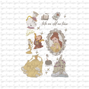 Puede incluir: Una colección de ilustraciones con el tema de La Bella y la Bestia. Incluye un retrato de Bella, la Bestia, Lumiere, Din Don, la Sra. Potts, Chip, un vestido amarillo, el castillo y la frase "tale as old as time."
