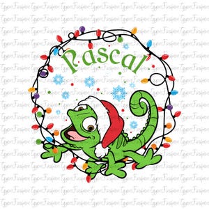 May include: A green cartoon chameleon named Pascal wearing a Santa hat, surrounded by a string of colorful Christmas lights. The word "Rascal" is written in green script within a circular frame.