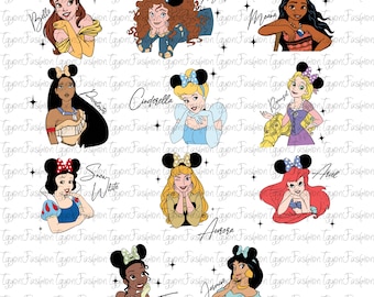 Disney Princess Characters Watercolor Png, Disney Princess Group Png, Disney Princess Aurora Tiana Rapunzel Png, Disney Magic Kingdom Png