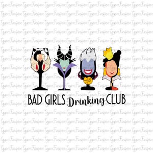 K&ouml;nnte beinhalten: Grafik mit vier Cartoon-Weingl&auml;sern, die jeweils einen anderen B&ouml;sewicht darstellen. Der Text "BAD GIRLS DRINKING CLUB" steht darunter. Die Gl&auml;ser sind in Schwarz, Lila, Gelb und Wei&szlig; gehalten.