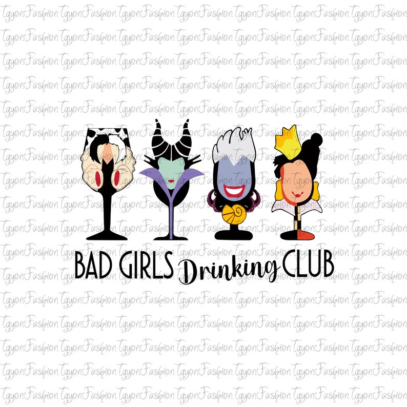 K&ouml;nnte beinhalten: Grafik mit vier Cartoon-Weingl&auml;sern, die jeweils einen anderen B&ouml;sewicht darstellen. Der Text "BAD GIRLS DRINKING CLUB" steht darunter. Die Gl&auml;ser sind in Schwarz, Lila, Gelb und Wei&szlig; gehalten.