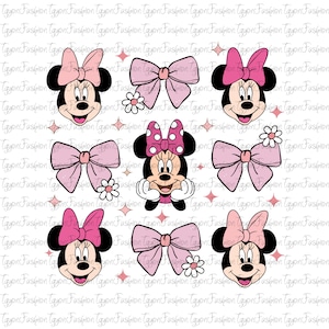 May include: A repeating pattern featuring Minnie Mouse faces and bows in pink, black, and white. The design includes Minnie's iconic bow, daisies, and sparkling accents, creating a playful and whimsical aesthetic.