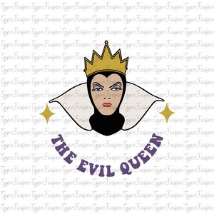 Pu&ograve; includere: Un design grafico viola e bianco con il testo "The Evil Queen" e un'immagine di cartone animato della Regina Cattiva di Biancaneve. La Regina Cattiva indossa un vestito nero, un colletto bianco e una corona dorata.