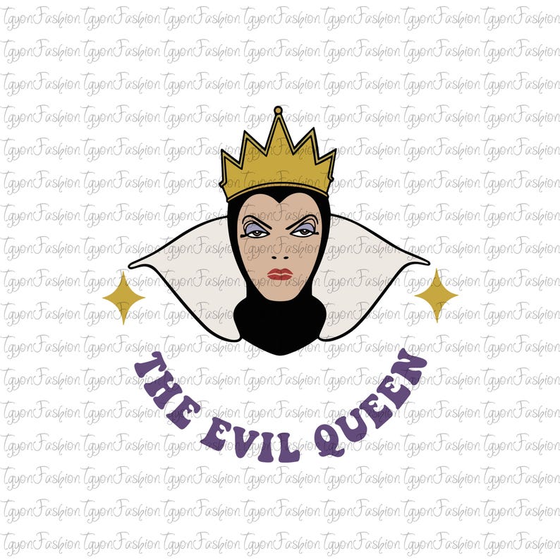 Pu&ograve; includere: Un design grafico viola e bianco con il testo "The Evil Queen" e un'immagine di cartone animato della Regina Cattiva di Biancaneve. La Regina Cattiva indossa un vestito nero, un colletto bianco e una corona dorata.