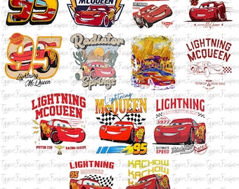 May include: A collection of 10 digital designs featuring the cartoon character Lightning McQueen from the Disney Pixar movie Cars. The designs feature different images of Lightning McQueen, including him racing, driving, and posing with his signature number 95. The designs are in a variety of styles, including vintage, cartoon, and modern.