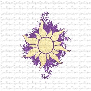May include: A decorative design featuring a stylized sun with elongated petals in a light yellow color, surrounded by purple floral and ornamental elements. The design has a textured appearance and is set against a white background with repeating text.