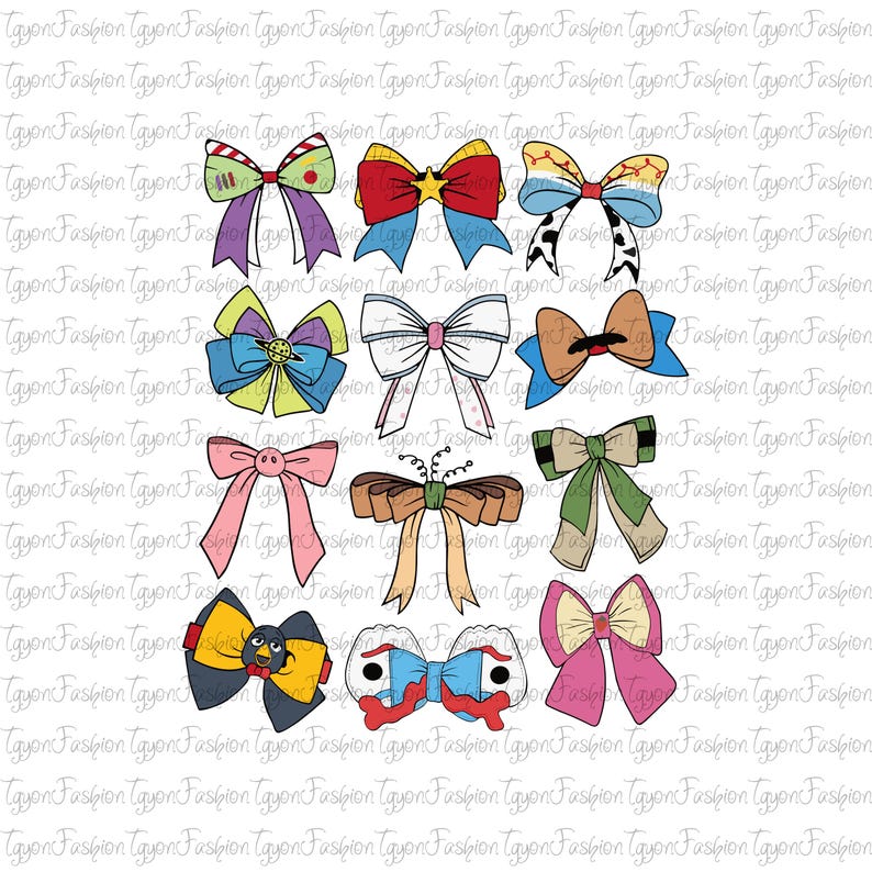 May include: A set of 12 colorful cartoon bow designs. The bows are in various colors and patterns, including red, blue, yellow, green, pink, and purple. Some bows have polka dots, stripes, or stars.