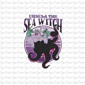 May include: A graphic featuring Ursula the Sea Witch from Disney's The Little Mermaid. The design includes Ursula's likeness, the text "Ursula the Sea Witch," and a purple and black color scheme. The image has a white background with a repeating pattern.