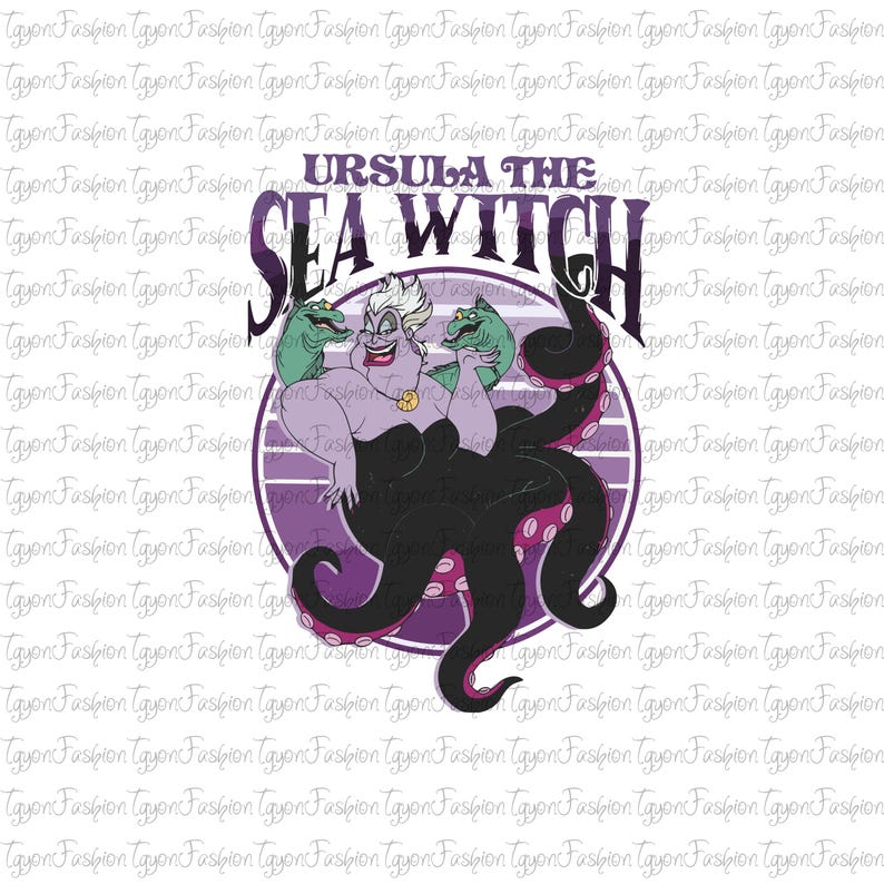 May include: A graphic featuring Ursula the Sea Witch from Disney's The Little Mermaid. The design includes Ursula's likeness, the text "Ursula the Sea Witch," and a purple and black color scheme. The image has a white background with a repeating pattern.